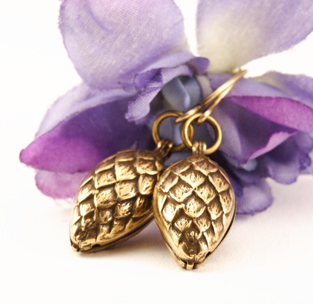 Etsy Free Shipping - Pine Cone Earrings - Antique Gold