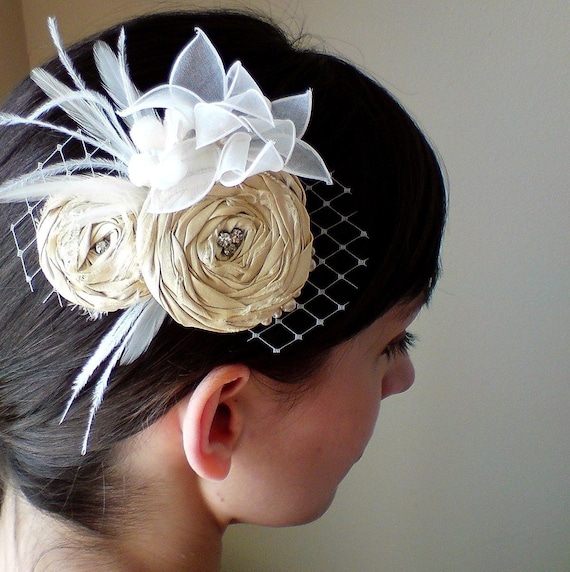 Sparkle As One with Peacock feathers, Rosette Bridal Hairpiece Fascinator, silk, rhinestones, couture millinery