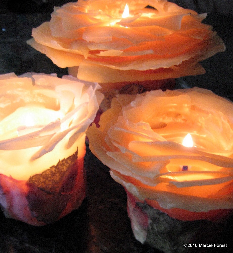 Honey Amber Rose Garden Pillar - 3x6 inch, Pure Beeswax, Multi-color Rose Petals, One-of-a-Kind, Gift-wrapped