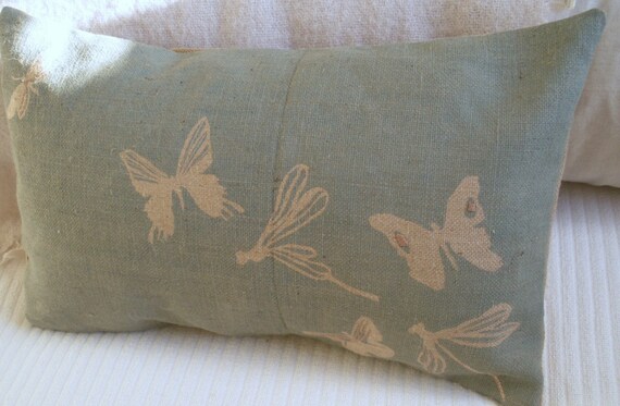 hand printed rustic hessian  butterfly and dragonfly cushion cover