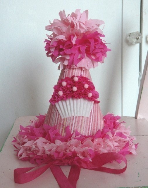 Custom Crepe Paper Cupcake Party Hat Bright/Hot Pink Birthday Girl You personalize