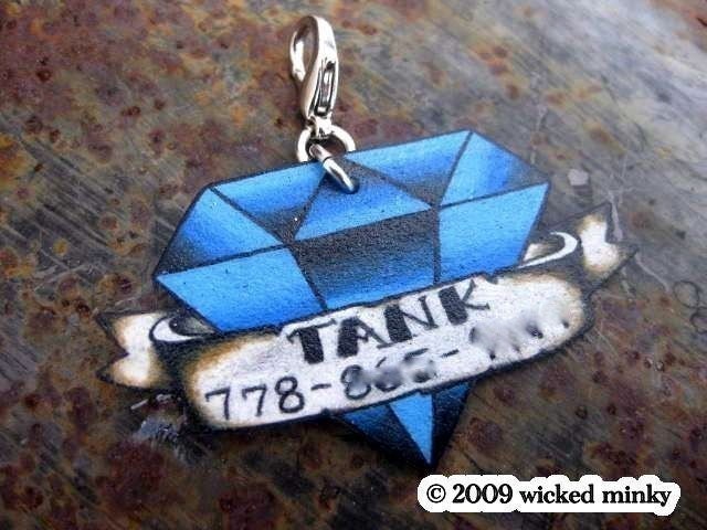 custom tattoo diamond pet tag with banner (for cat, dog, bag, necklace). From wickedminky
