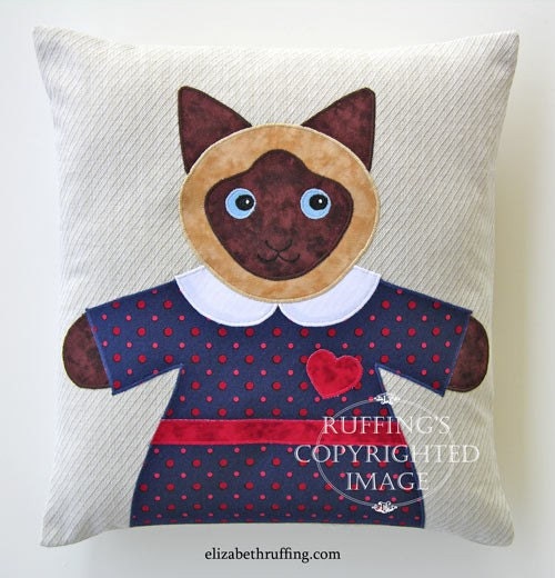 Siamese Hug Me Kitty Pillow by Elizabeth Ruffing, Oatmeal, Navy blue, Red, 13 x 14 inches, Ready-made