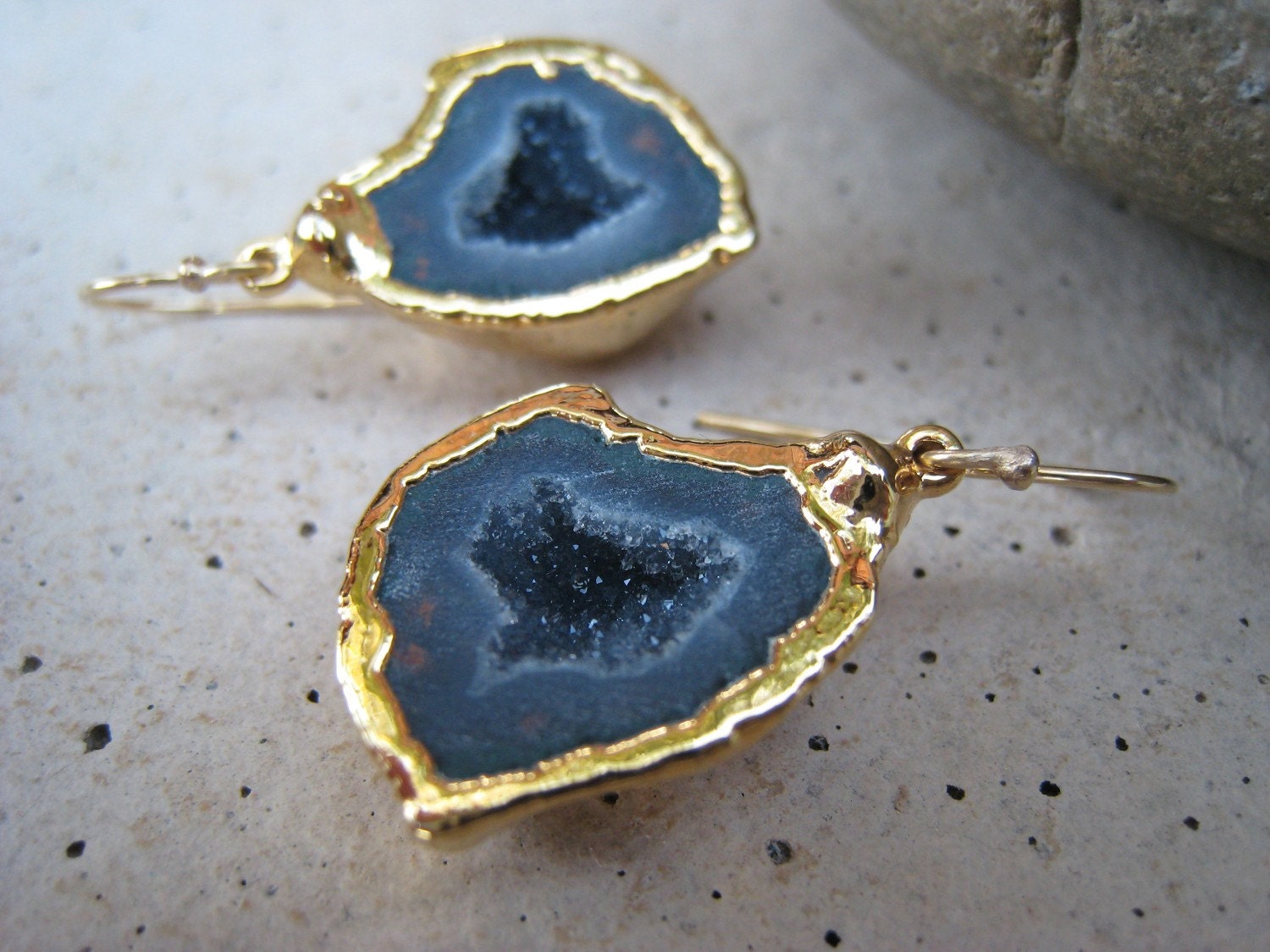 24K Gold-Encased Blue Gray Geode Earrings