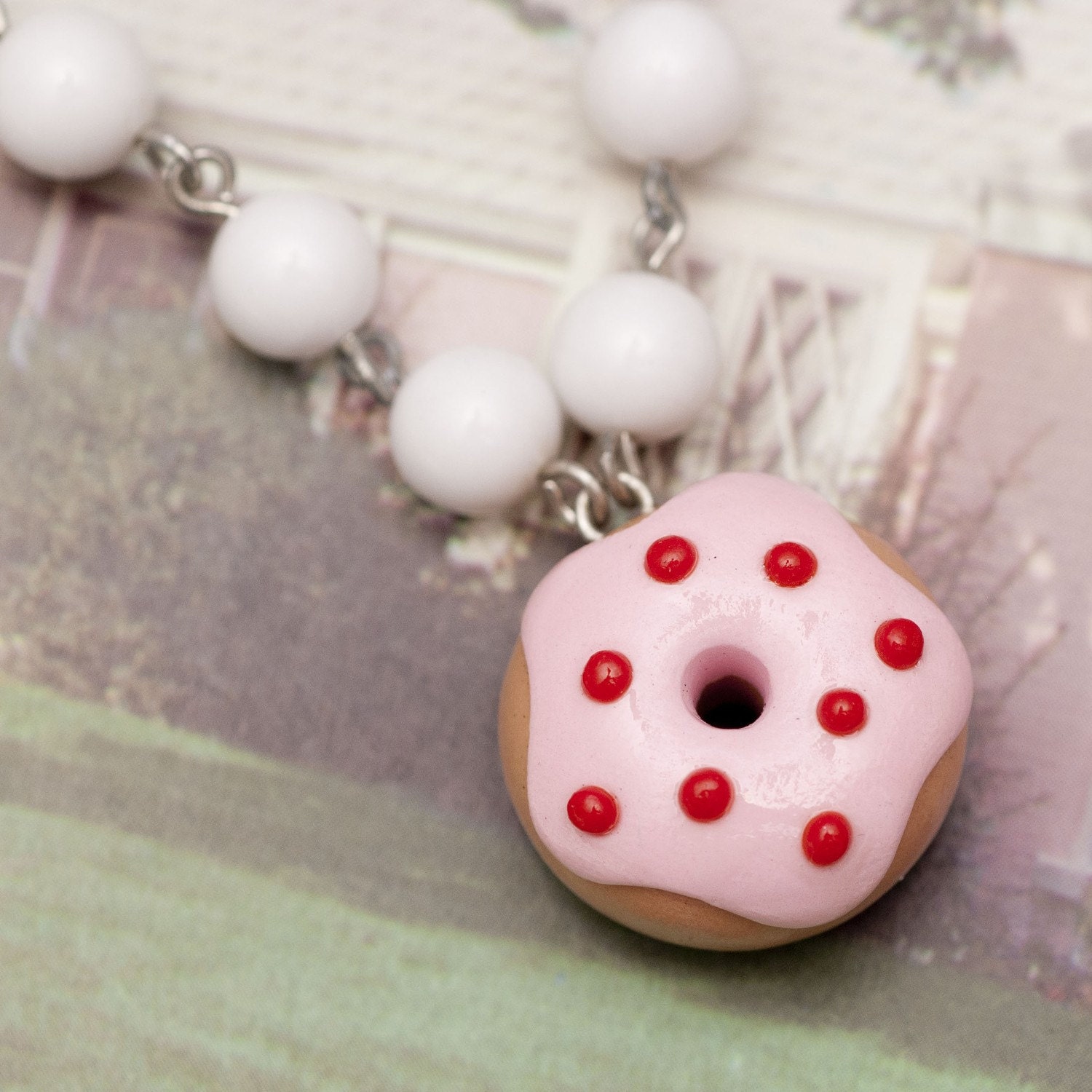 Rosata Pink Donut White Bead Choker Necklace - Handmade Polymer Clay Miniature Food Jewelry