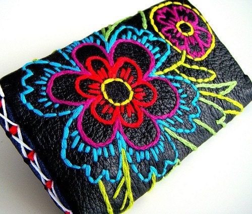 Ready to Ship Wallet Black Leather Embroidery Vivid Floral Bright Colorful handmade by sewZinski on Etsy