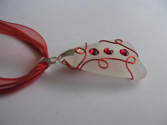 Sea Glass Necklace red wire wrapped