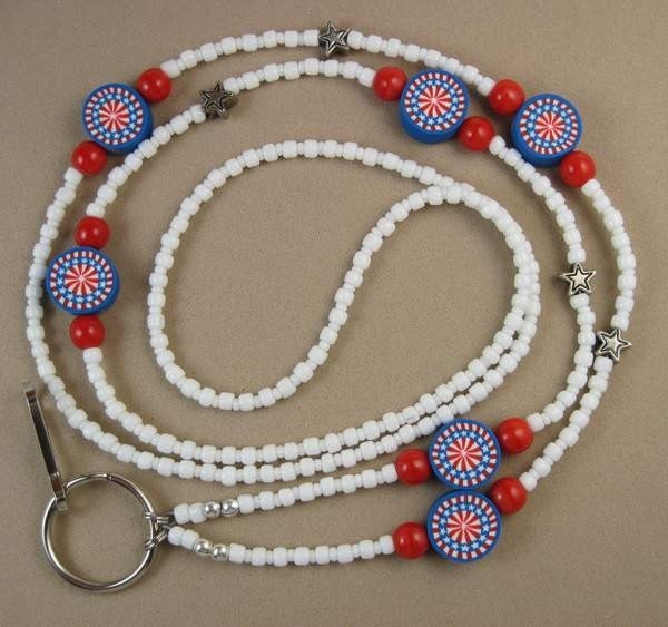 PATRIOTIC FIREWORKS Beaded ID Badge Holder Lanyard Necklace - White/Red/Blue - FREE Shipping in the U.S.