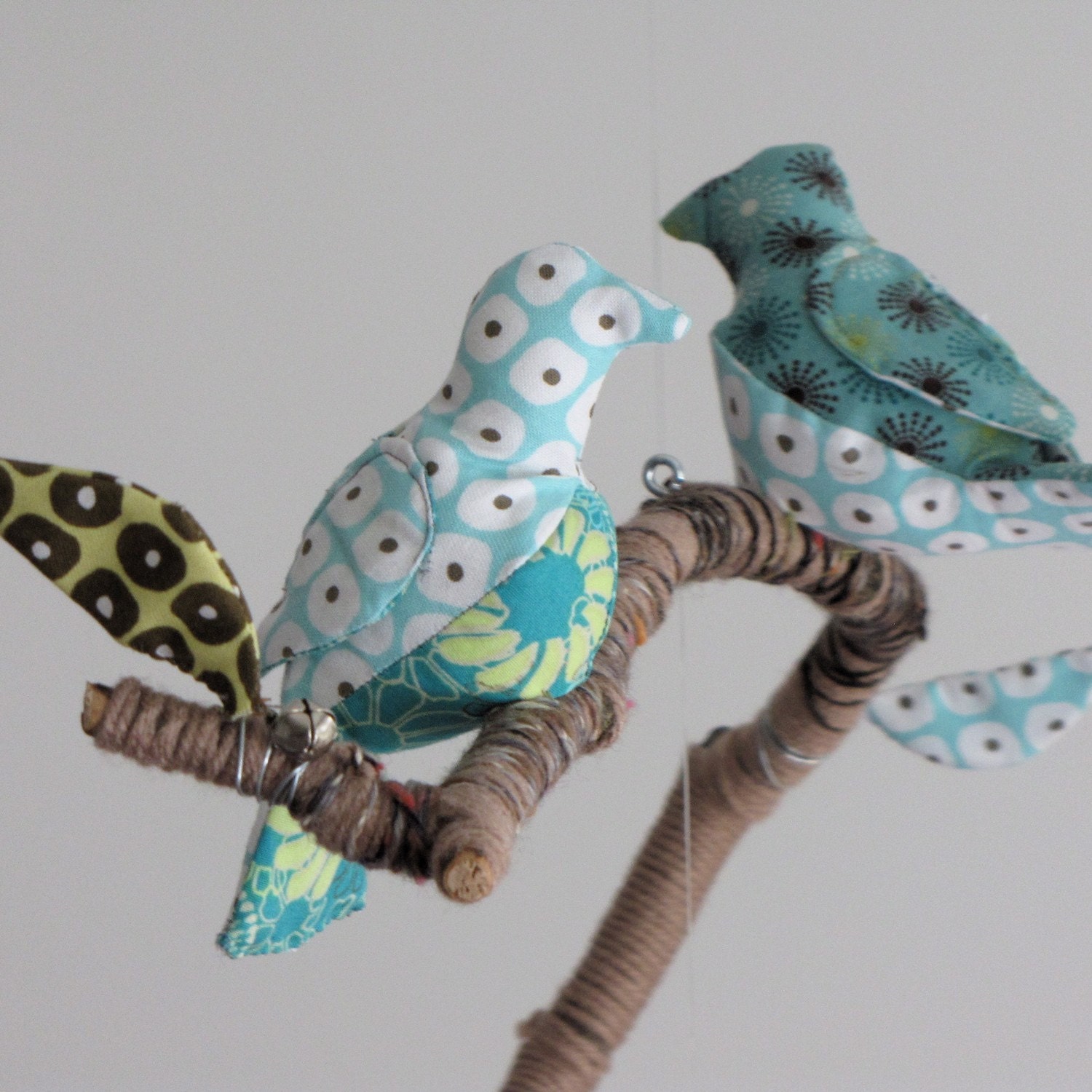 CUSTOM 5 little birds fly away home - fabric mobile on yarn wrapped branches