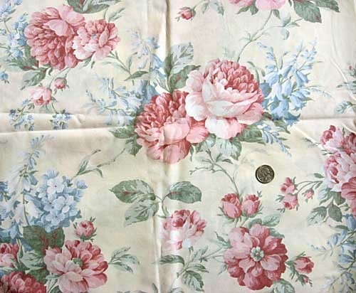 big pink roses pictures. Big Pink Roses and Blue Larkspur on Pale Yellow Vintage Fabric, 1 Yard Plus. From kelleystreetsupply