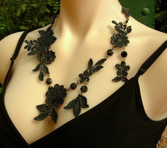 Black Lace Necklace with Black Onyx Faceted Disc Beads