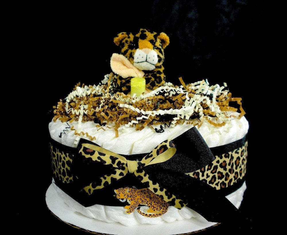 1 Tier Leopard Cheetah Jaguar Diaper Cake Baby Shower Centerpiece Gift Neutral Zoo Safari Rainforest Sports