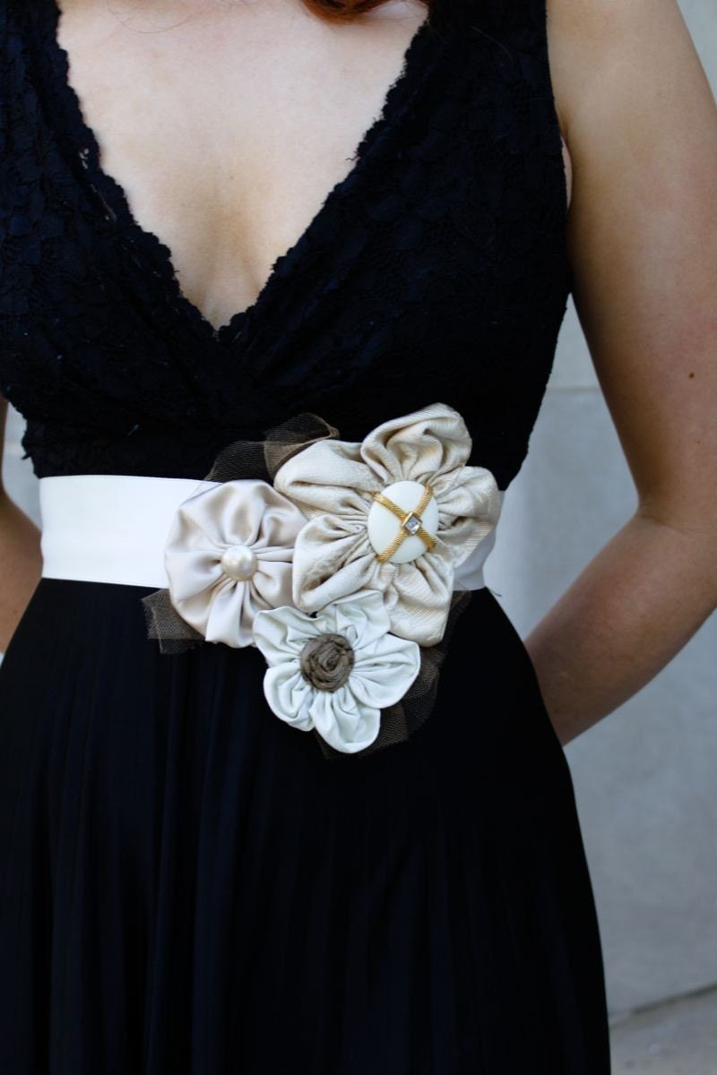 Golden Bridal Flower Cluster Belt/headband with Vintage Earrings and Tulle