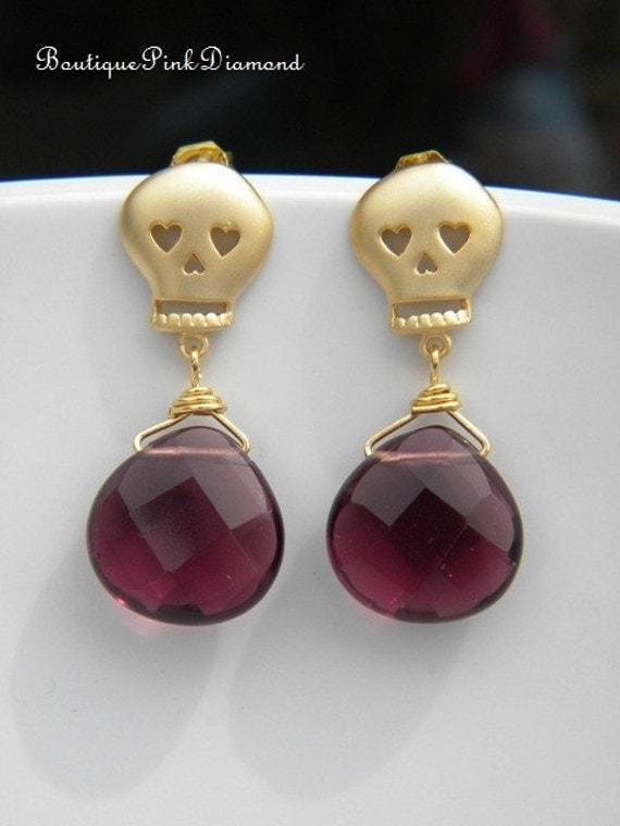 Cute Skull Earrings with Purple Quartz, 16K Gold Plated with Sterling Silver Posts