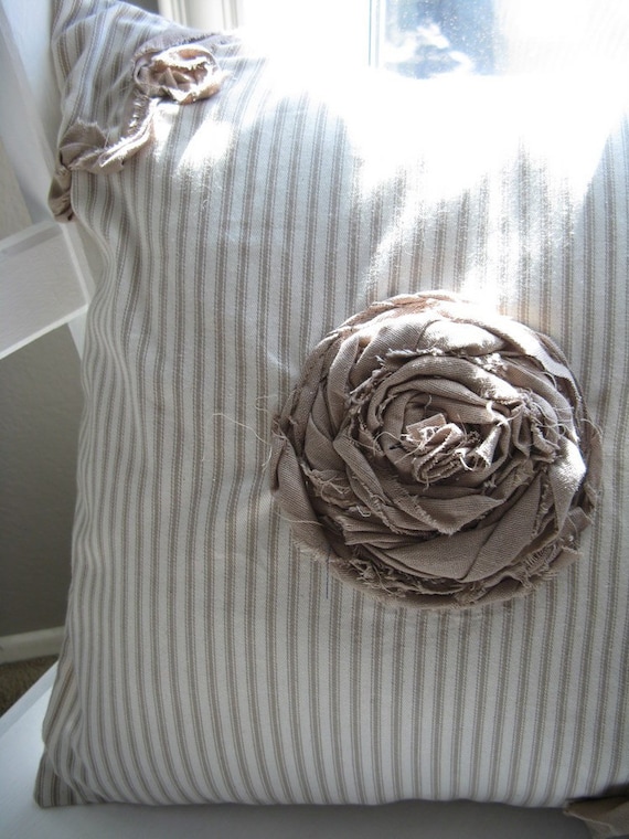 The Emilia - Taupe and Cream Ticking Rosette Embellished Pillow Cover