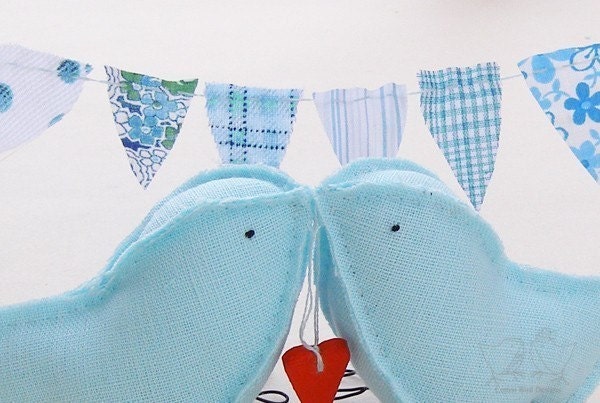 Modern Cake Toppers Fabric Love Birds Blue Cotton with red wood heart