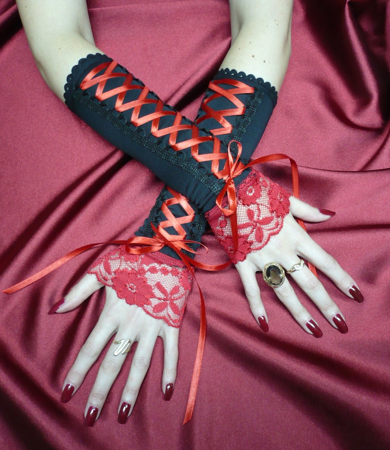Beautiful Cabaret Corset Armwarmers with Red Lace, Fingerless Gloves in Gothic, Tribal Dance, Renaissance Style, Very Feminine