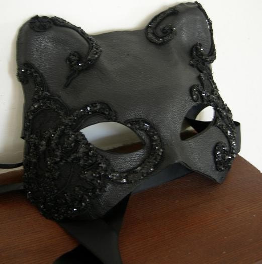 Super Sexy Black Leather and Lace Applique Cat Mask.