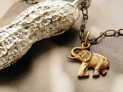 Circus Peanut  Necklace - life size peanut in antique silver with elephant charm- a great gift (Free Shipping)