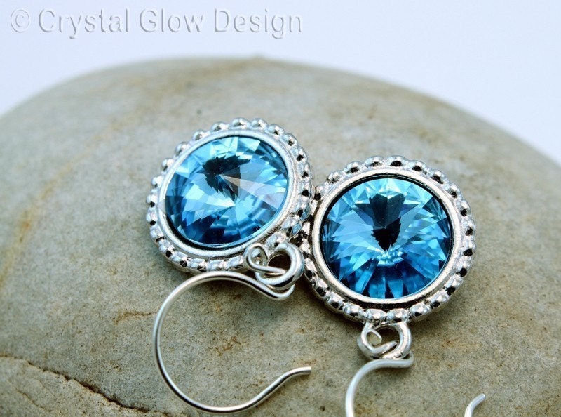 Swarovski Rivoli Crystal Aqua Blue Silver Earrings
