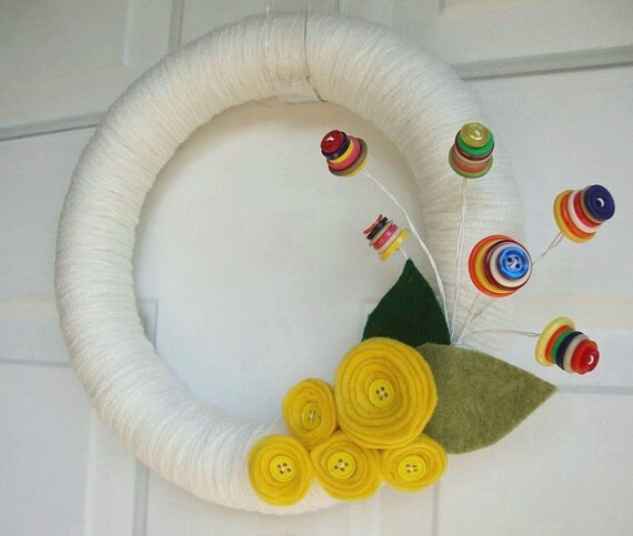 Button it Up  Yarn Wreath Yellow Roses Front Door wreath