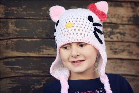 Crochet Hello Kitty earflap beanie hat