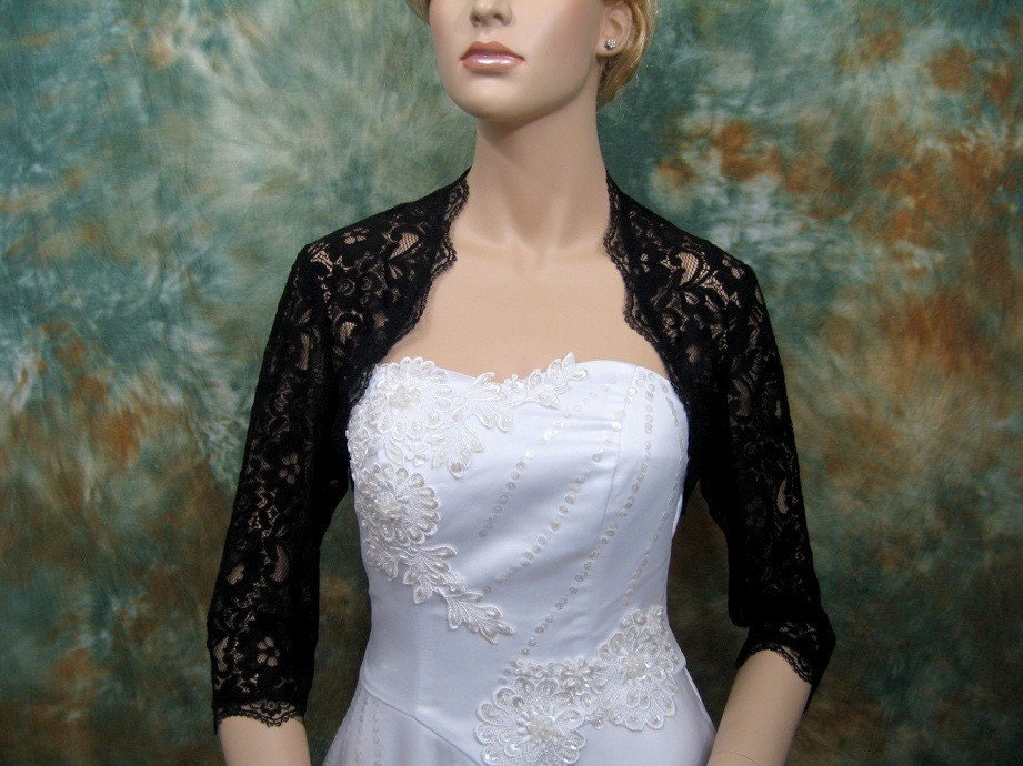 Black 3 4 sleeve bridal corded lace wedding bolero jacket