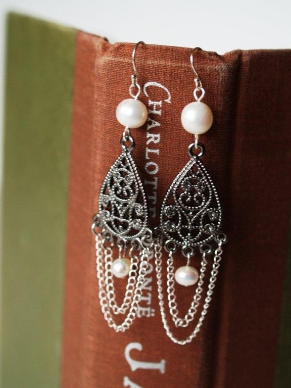 Silver and Pearl Chandelier Earrings