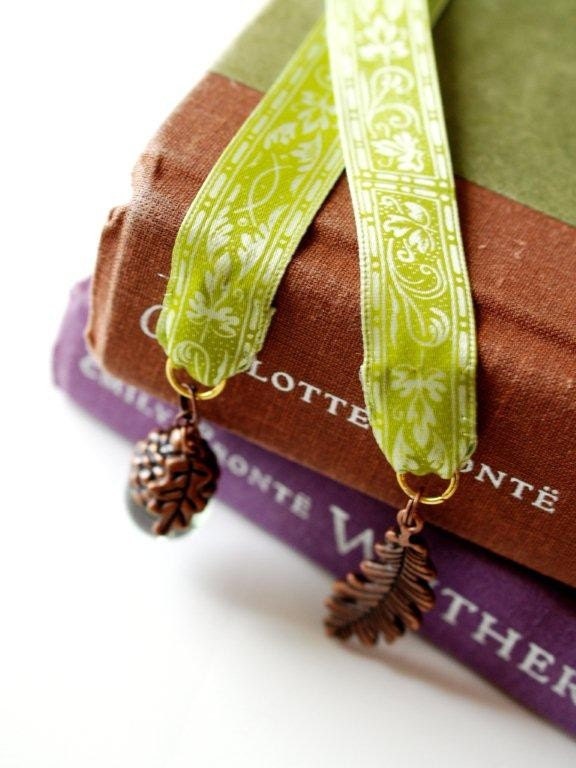 Green Vine Ribbon Bookmark with Copper Charms