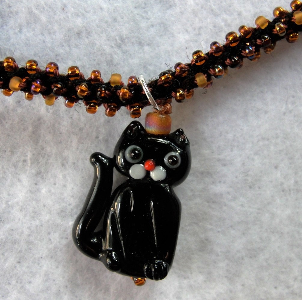 Earthtone kitty beaded necklace sterling silver