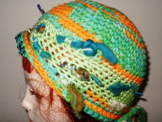 Koi Pond, Blue, Orange, Cream, Lime Green Art Yarn Hat