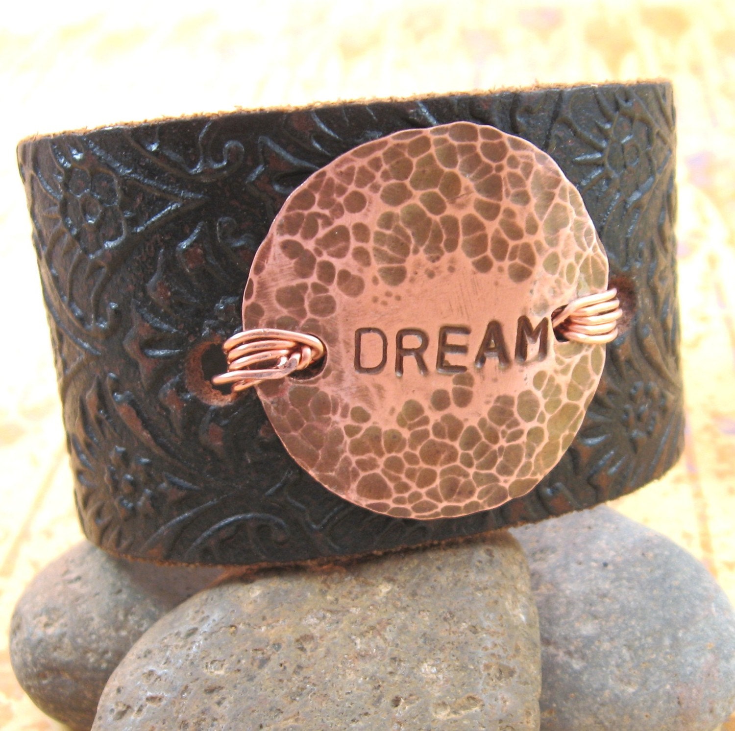 DREAM - Leather Wrist Cuff  with Hammered Copper Medallion - Upcycled - Medium