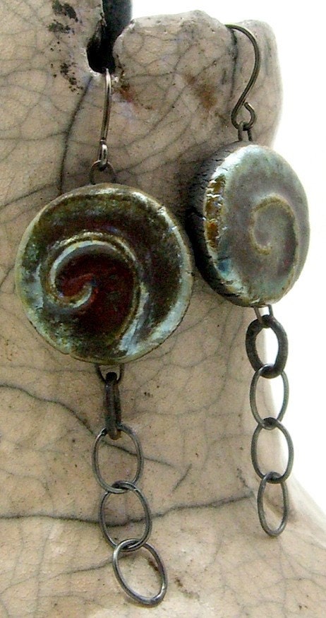 Muted Olive Swirl Raku Earrings Jewelry Supplies Handmade by MAKUstudio
