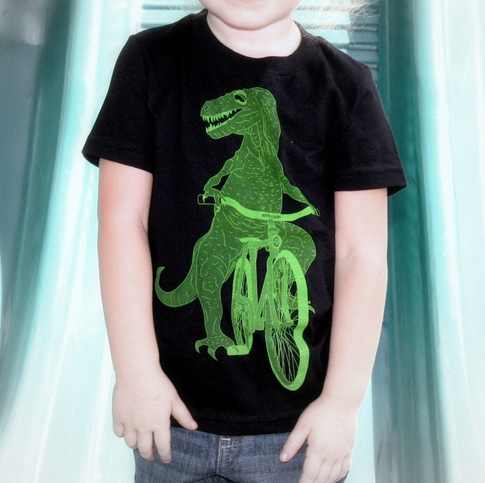 Dinosaur on a Bicycle Kids - Black Short Sleeve Children T-Shirt - American Apparel - FREE SHIPPING - Available in 2, 4, 6, 8, 10 and 12