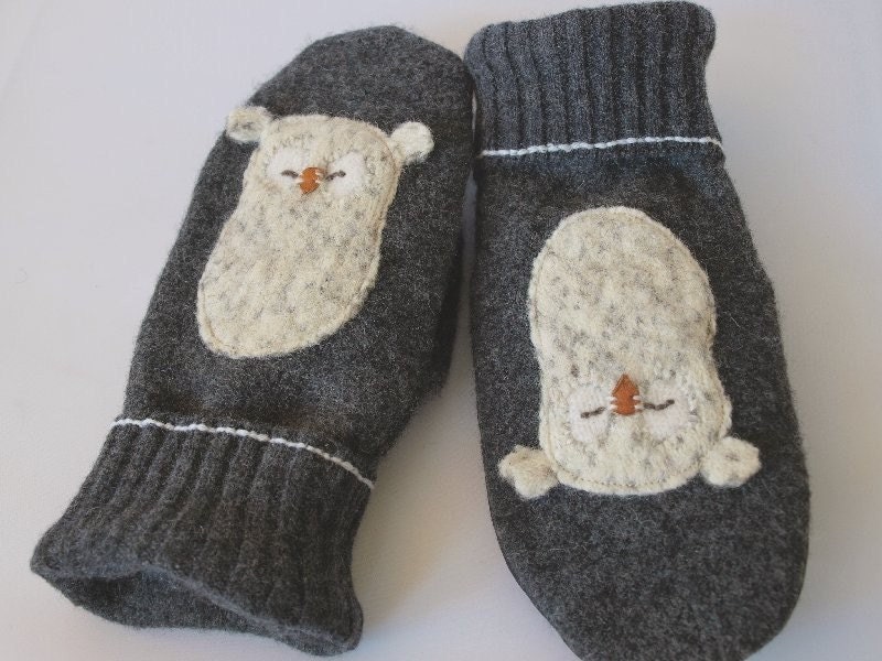 Upcycled Felted Wool Mittens  in Dark Grey, Grey, Natural White and Black with Owl Applique