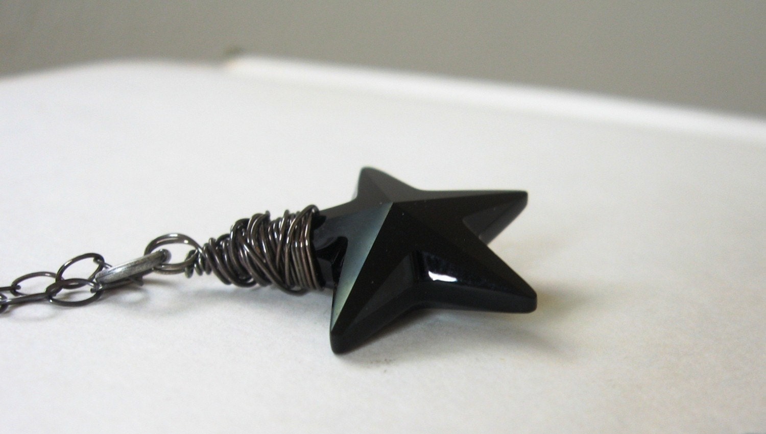 Jet Black Star Pendant Wrapped in Oxidized Sterling Silver- Stargazer