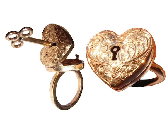 Locking Engraved Heart Locket Ring with Key on Chain Necklace