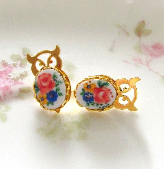 Vintage Gold Owl and Flower Post Earrings