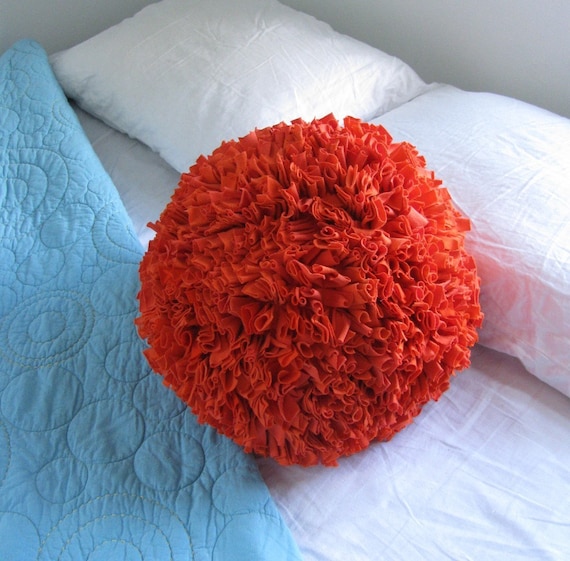 Recycled T-Shirt  Pom Pom Pillow in Bright Orange LARGE