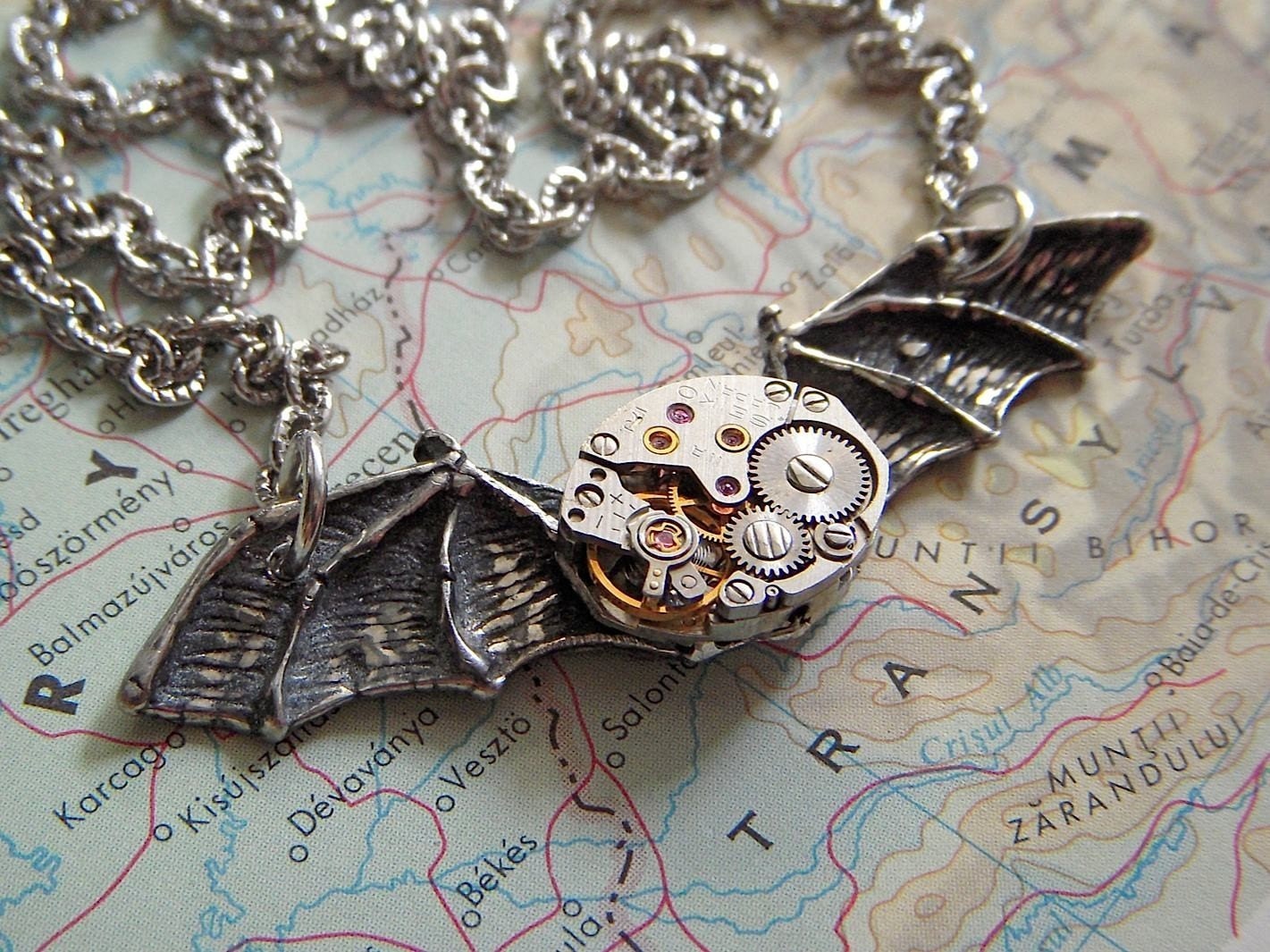 Steampunk Necklace COSMIC BAT WINGS - Gothic Victorian Noir Style - Vintage Watch Movement Silver Plated Chain - Original Design from Cosmic Firefly