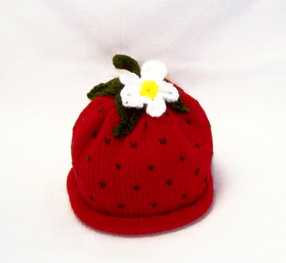 Knit Red Strawberry Fruit Hat with Flower Infant  Sizes Makes a Great Photography Prop