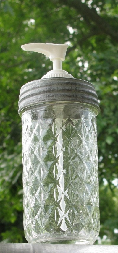 Tall Quilt Pattern Ball Mason Jar with Reproduction Zinc Lid Soap Dispenser