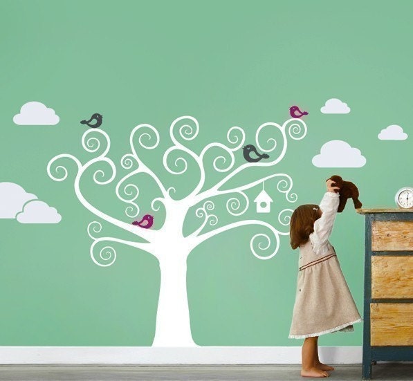 Swirly Tree with Cute Birds Decal - Kids Vinyl Wall Sticker
