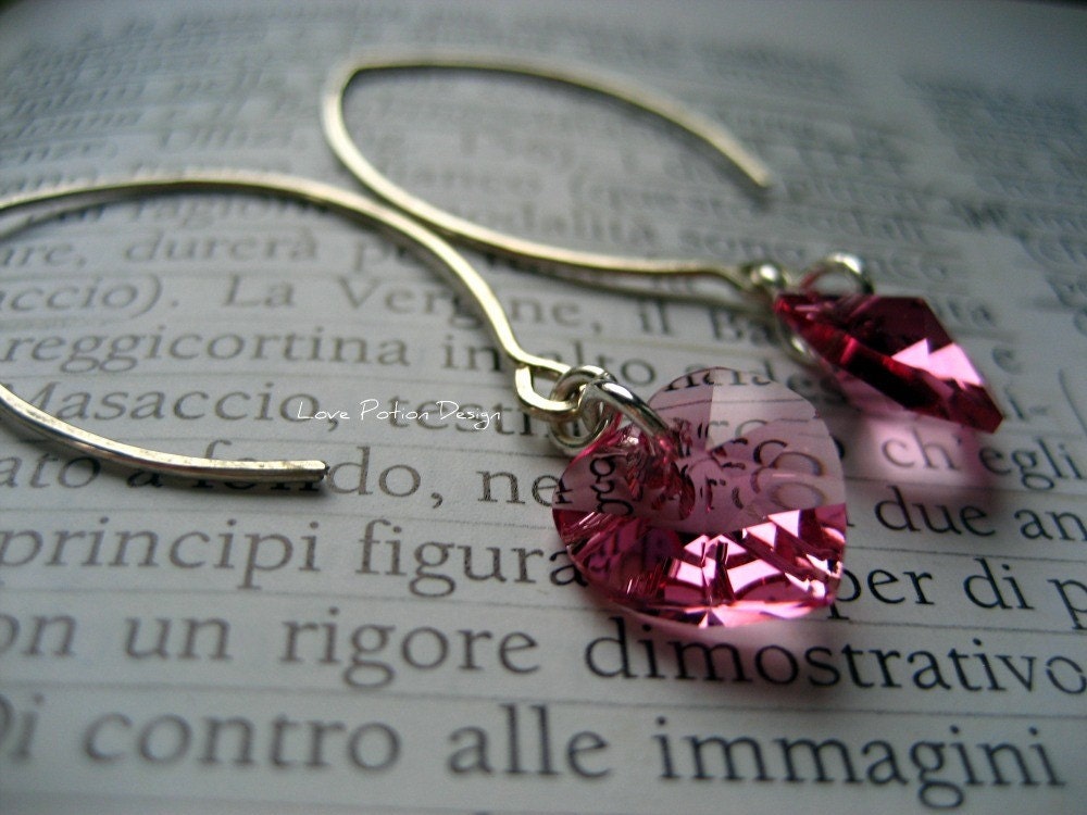Pink Hearts-Earrings. Sterling Silver and Swaroski Crystals.FREE SHIPPING.