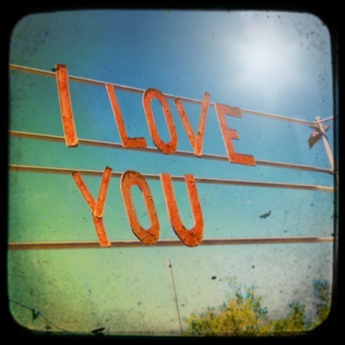 CLEARANCE - I Love You - a romantic vintage TTV red sign love scarlet letters retro carnival blue summer vacation Fine Art Travel Photo 8x8