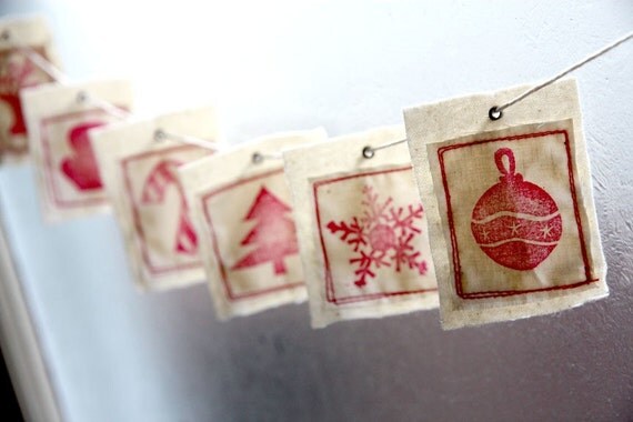 Red. 6 Christmas Collection Fabric Gift Tags - Tree, Ornament, Snowflake, Mitt, Candy Cane, Reindeer