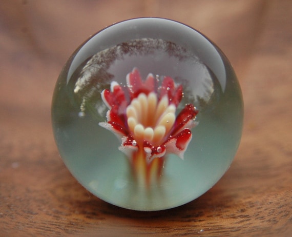 Blown Glass Marble Red Flower