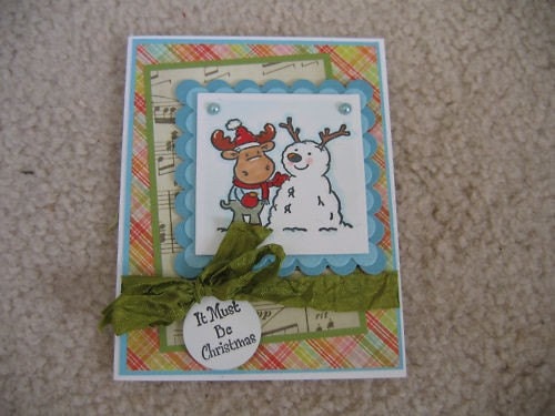 RILEY THE MOOSE AND SNOWMAN FRIEND CHRISTMAS HANDMADE CARD