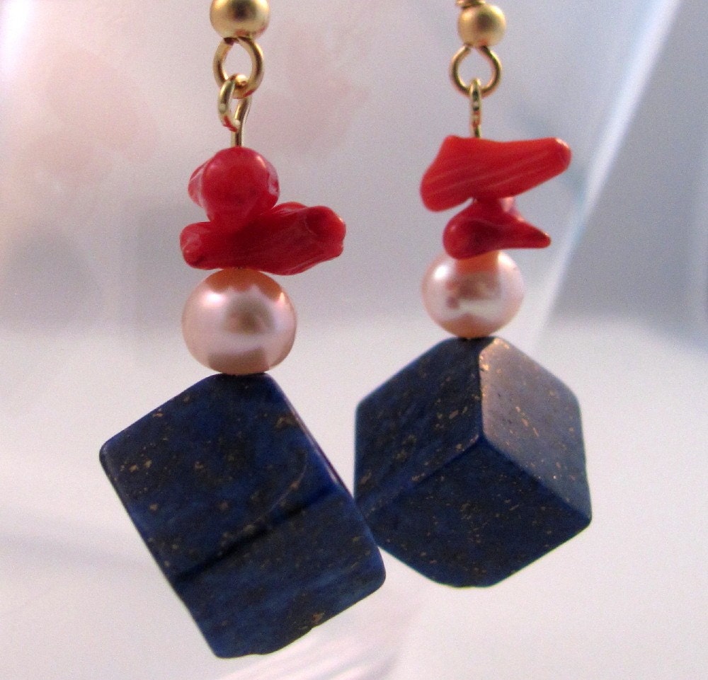 Lapis and Red Bamboo Coral earrings