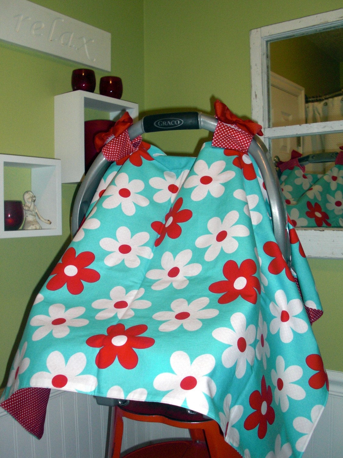 Car Seat Canopy in Turquoise and  Reds